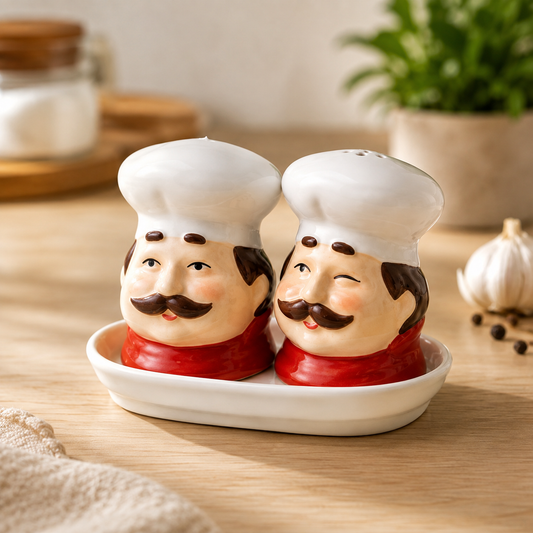 Ceramic Chef Salt & Pepper Shaker Set with Tray