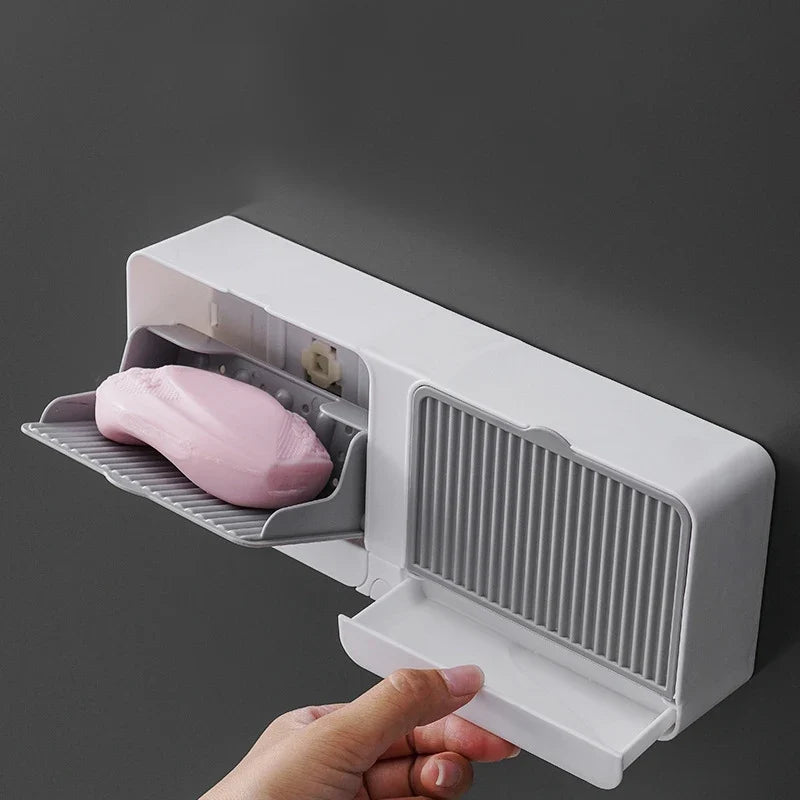 Wall-Mounted Soap Dish Holder with Lid – Double Grid Drain Box, Punch-Free