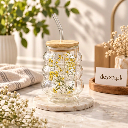Floral Double Wall Glass Sipper with Straw
