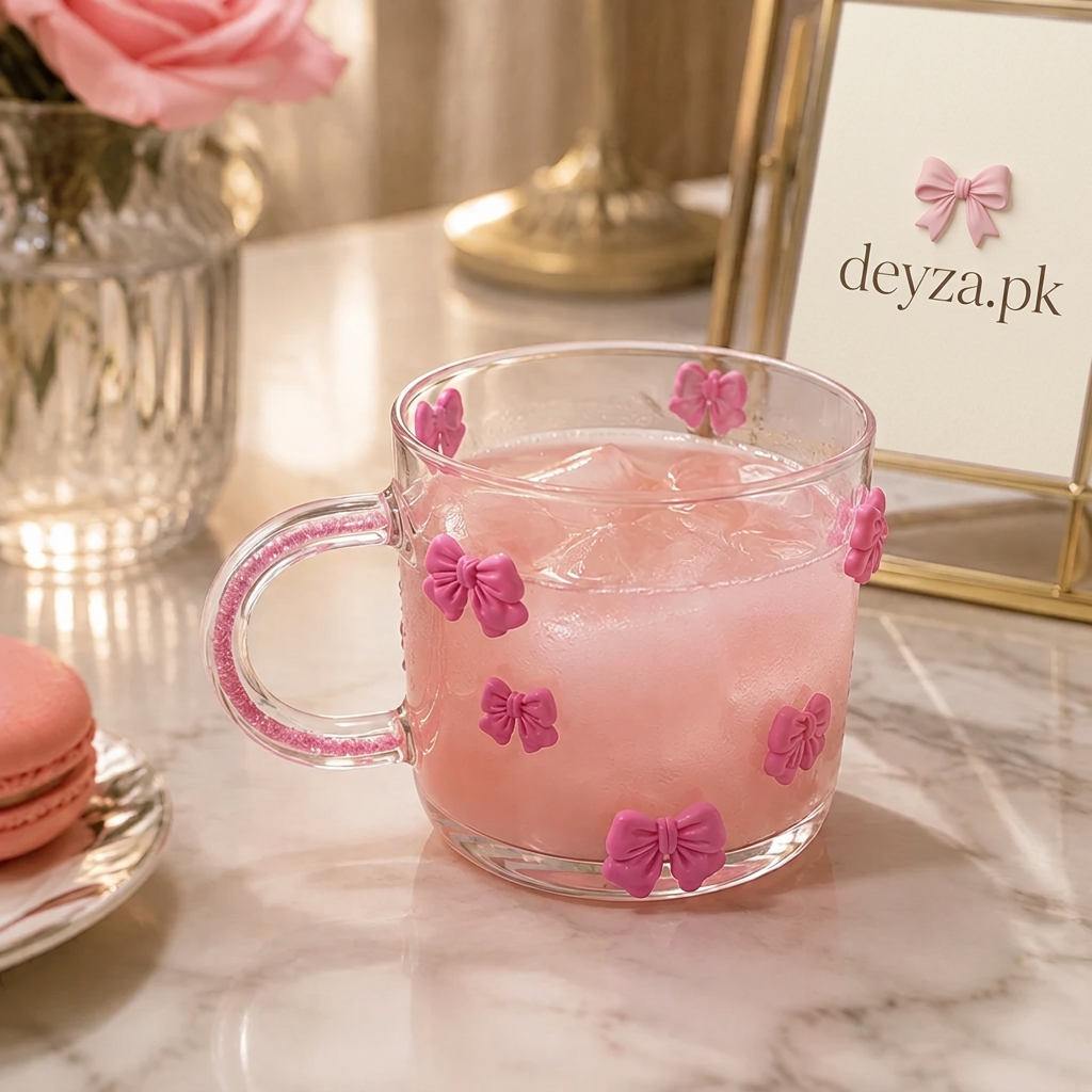 Pink Bow Design Glass Cup with Handle