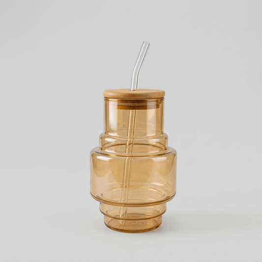 Round Shape Glass Sipper with Wooden Lid & Straw