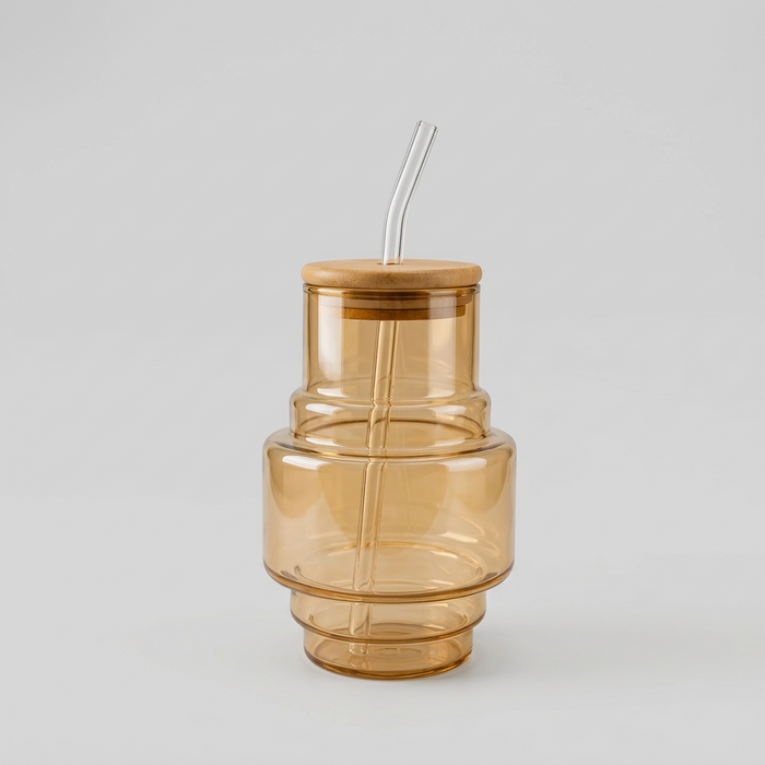 Round Shape Glass Sipper with Wooden Lid & Straw